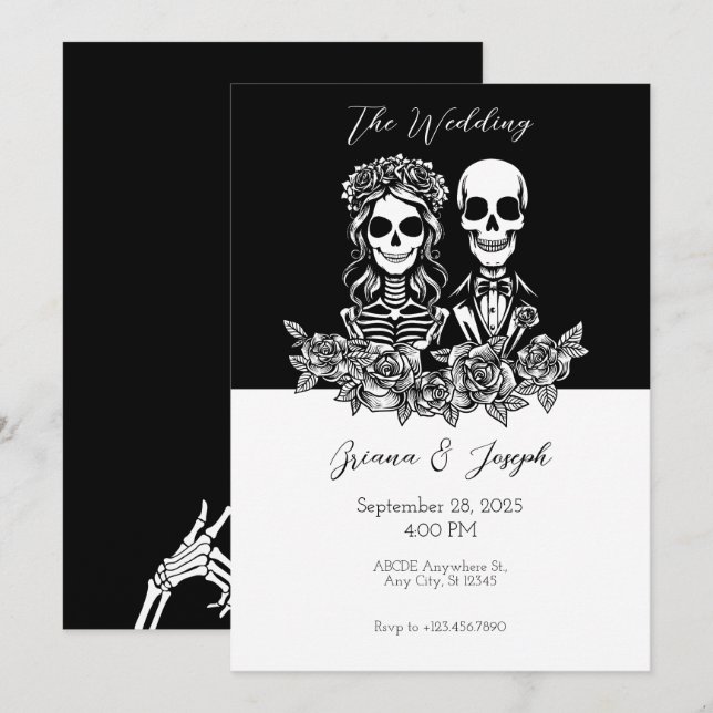 Black and white Skull couple Wedding  Invitation (Front/Back)
