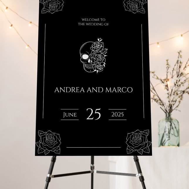 Black And White Skull Gothic Wedding Welcome Sign (In Situ (Stand))