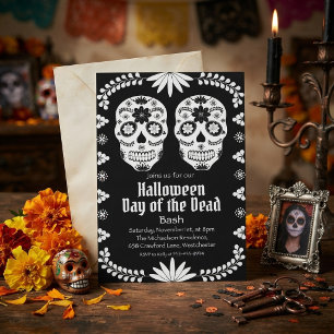 Black And White Skull Halloween Day Of The Dead Invitation