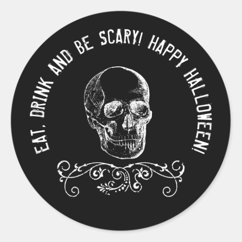 Black and White Skull Halloween Party Favor Classic Round Sticker