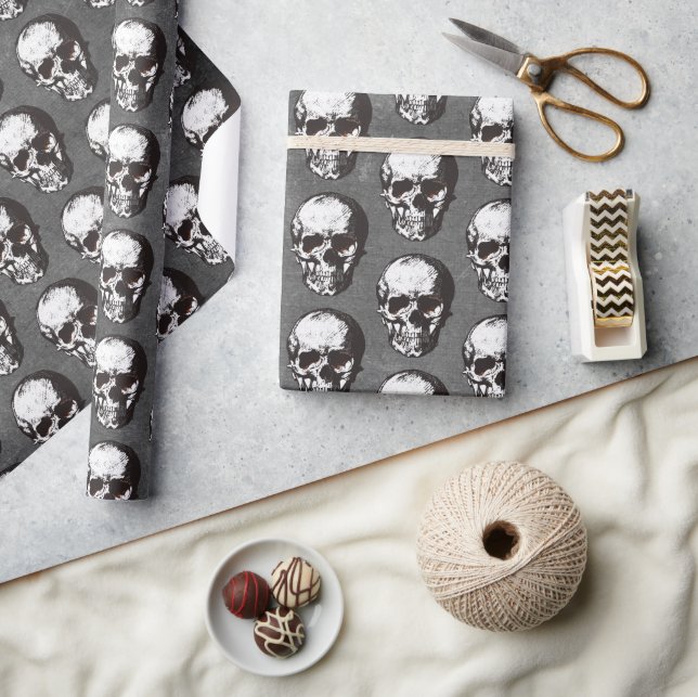 Black and White Skull Pattern Halloween Wrapping P Wrapping Paper (Crafts)