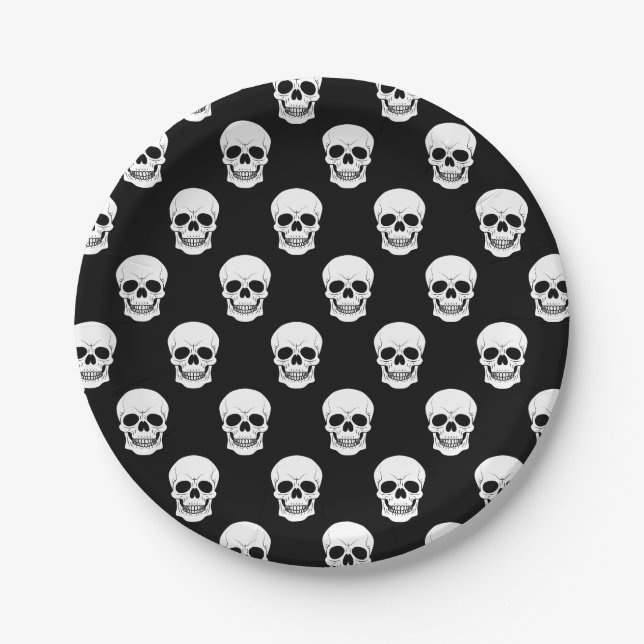 Black And White Skull Pattern Spooky Halloween Paper Plates (Front)
