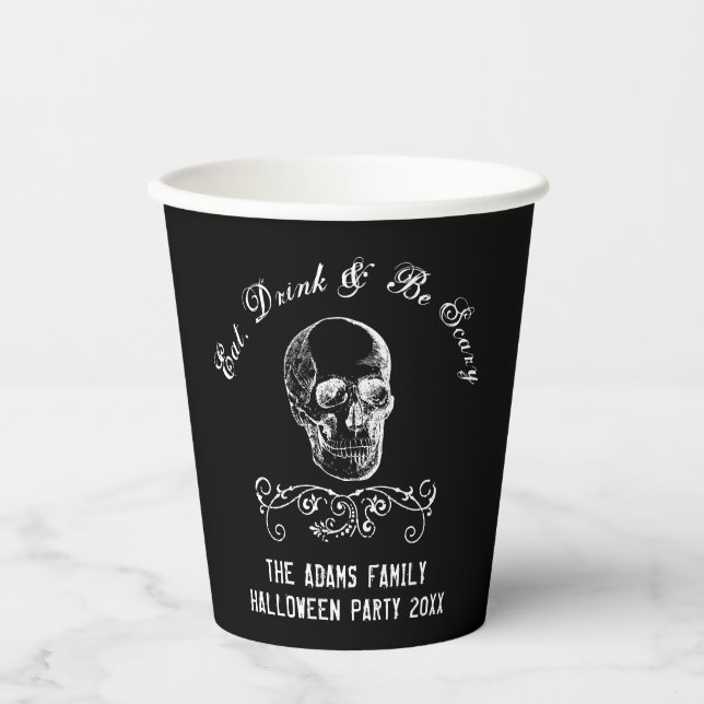 Black and White Skull Personalized Halloween Party Paper Cups (Front)
