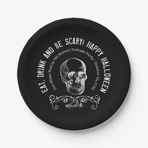 Black and White Skull Personalized Halloween Party Paper Plates