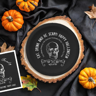 Black and White Skull Personalized Halloween Party Paper Plates
