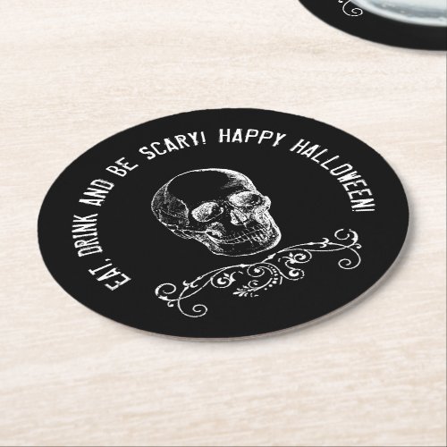 Black and White Skull Personalized Halloween Party Round Paper Coaster