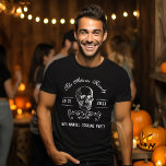 Black and White Skull Personalized Halloween Party T-Shirt<br><div class="desc">Custom printed Halloween party t-shirts to match our Vintage Skull collection. Personalize it with your family name, party details or other custom text around a distressed vintage skull illustration and scroll ornament on a black background. Use the design tools to edit the text fonts and colors and add your own...</div>