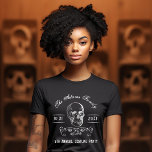 Black and White Skull Personalized Halloween Party T-Shirt<br><div class="desc">Custom printed Halloween party t-shirts to match our Vintage Skull collection. Personalize it with your family name, party details or other custom text around a distressed vintage skull illustration and scroll ornament on a black background. Use the design tools to edit the text fonts and colors and add your own...</div>