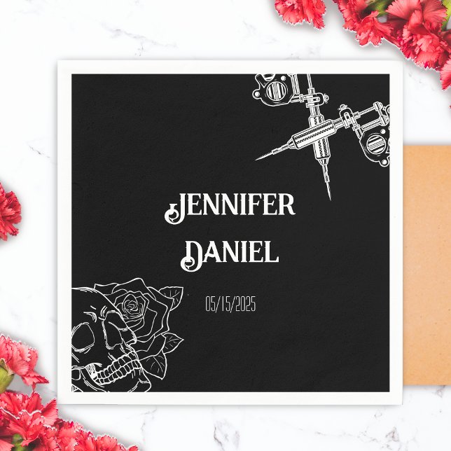 Black and White Skull Tattoo Wedding Napkins (Black and White Skull Tattoo Wedding Napkin)