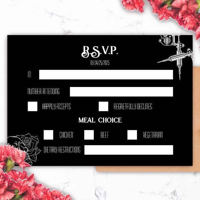 Black and White Skull Tattoo Wedding RSVP Card (Black and White Skull Tattoo Wedding RSVP)