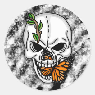 Black and White Skull with Monarch Butterfly Classic Round Sticker