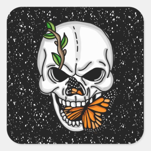 Black and White Skull with Monarch Butterfly   Square Sticker