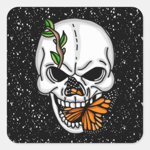 Black and White Skull with Monarch Butterfly Square Sticker