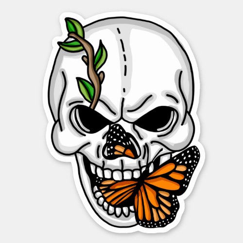 Black and White Skull with Monarch Butterfly   Sti Sticker