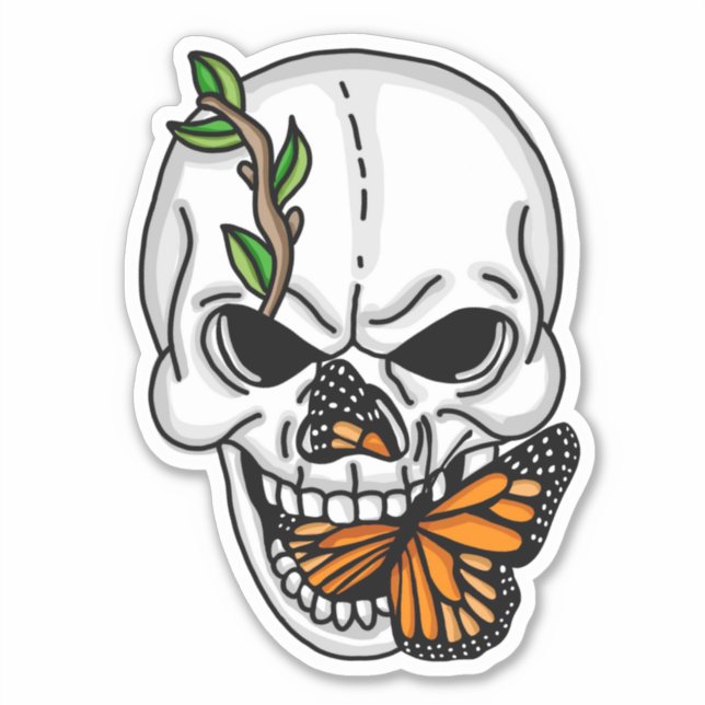 Black and White Skull with Monarch Butterfly   Sti Sticker (Front)
