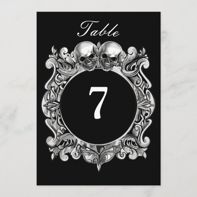 Black And White Skulls Gothic Wedding Table Number (Front)