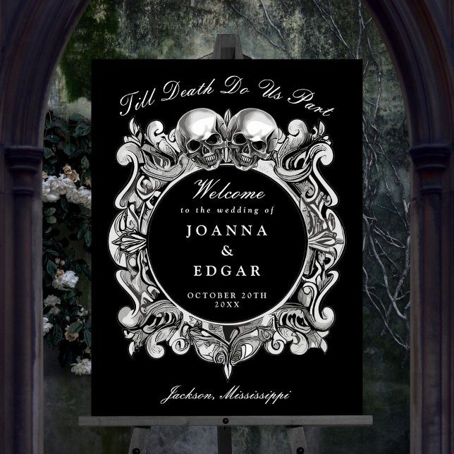 Black And White Skulls Gothic Wedding Welcome Sign (Black And White Skulls Gothic Wedding Welcome Sign)