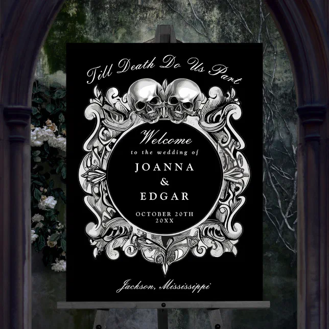 Black And White Skulls Gothic Wedding Welcome Sign | Zazzle