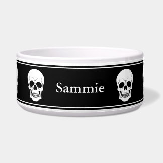 Black And White Skulls With Name Halloween Bowl