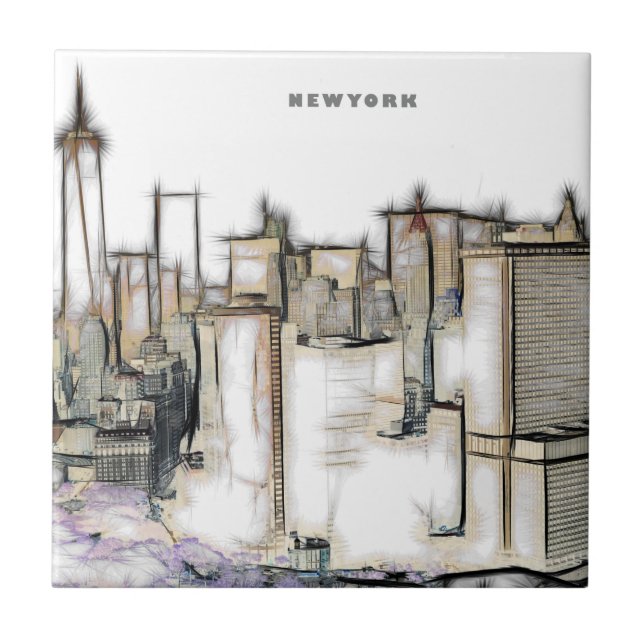 Black And White Skyline New york City Drawing Ceramic Tile (Front)