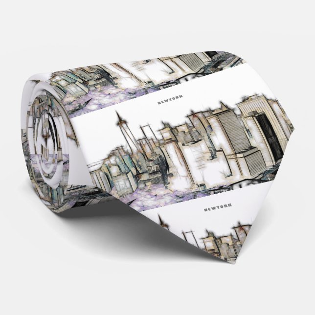 Black And White Skyline New york City Drawing Neck Tie (Rolled)