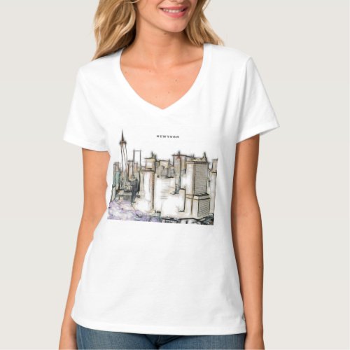 Black And White Skyline Newyork City Drawing T_Shirt