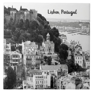 Black and White Skyline of Lisbon Portugal Ceramic Tile