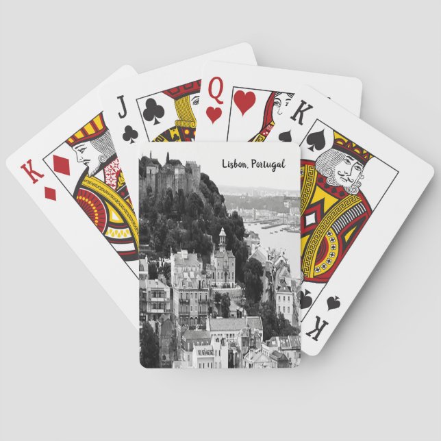 Black and White Skyline of Lisbon Portugal Poker Cards (Back)
