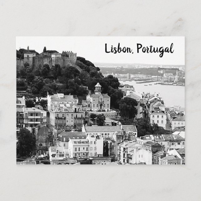 Black and White Skyline of Lisbon Portugal Postcard (Front)