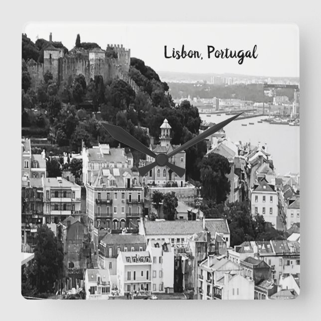 Black and White Skyline of Lisbon Portugal  Square Wall Clock (Front)