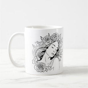 Black and white sleeping beauty with flowers mug
