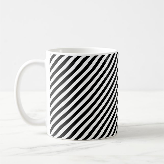 Black and White Small Diagonal Stripes Pattern Coffee Mug (Left)