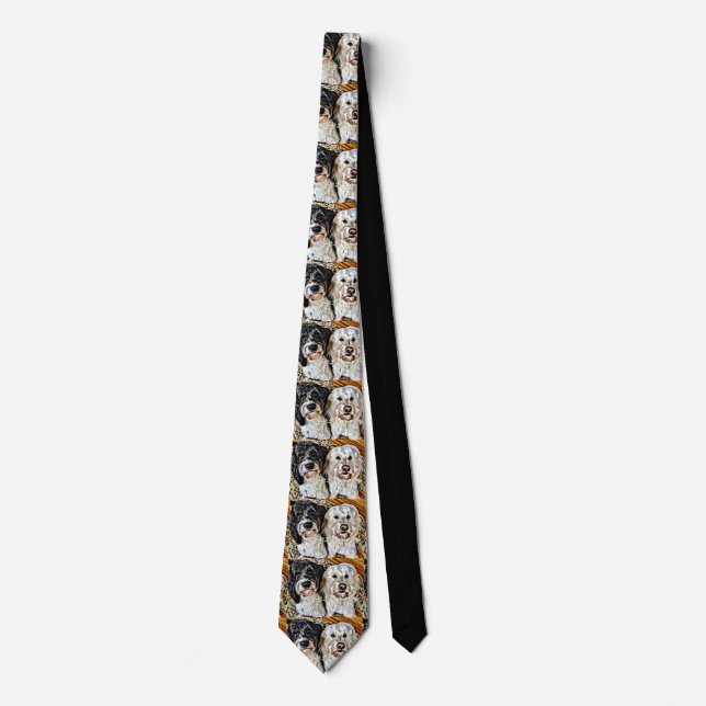Black and White smiling Golden Doodle dogs Neck Tie (Front)