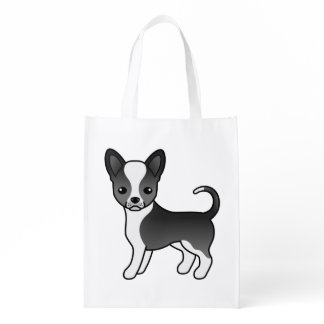 Black And White Smooth Coat Chihuahua Cartoon Dog Grocery Bag
