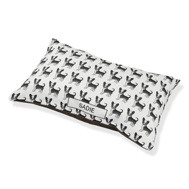 Black And White Smooth Coat Chihuahua Dog & Name Pet Bed (Angled)