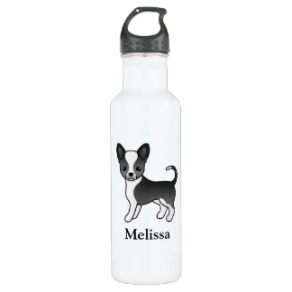 Black And White Smooth Coat Chihuahua Dog &amp; Name Stainless Steel Water Bottle