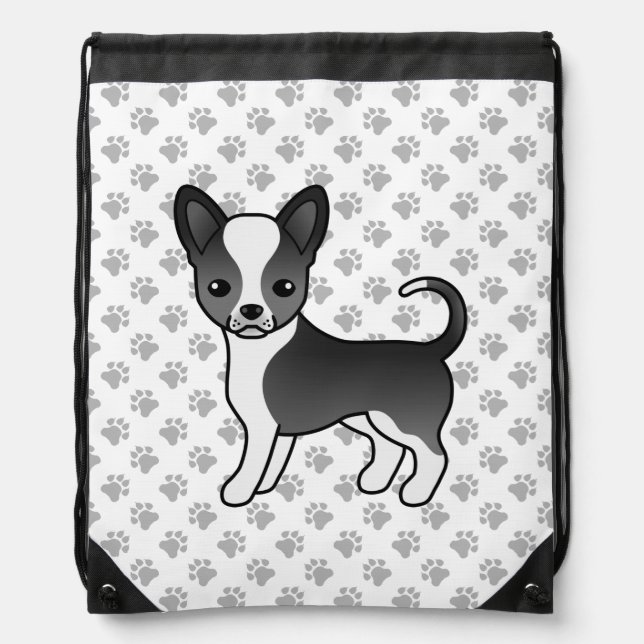 Black And White Smooth Coat Chihuahua Dog & Paws Drawstring Bag (Front)