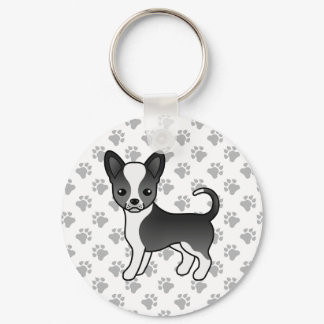Black And White Smooth Coat Chihuahua Dog &amp; Paws Keychain