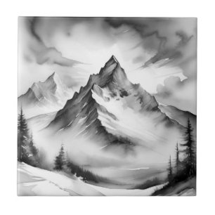Black and white Snow covered mountains watercolor Ceramic Tile