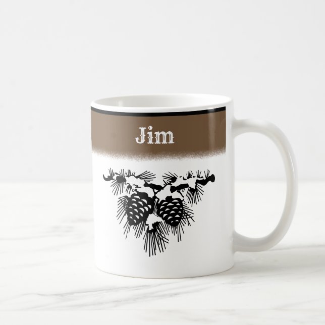 Black and White Snow Covered Pine Cones with Name Coffee Mug (Right)