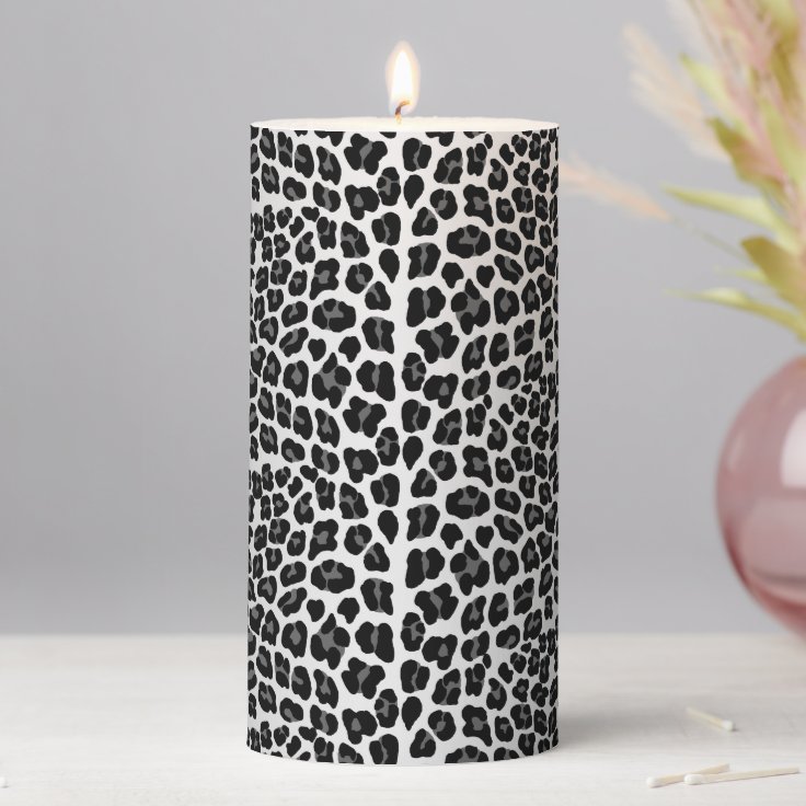 Black and white snow leopard print pillar candle | Zazzle