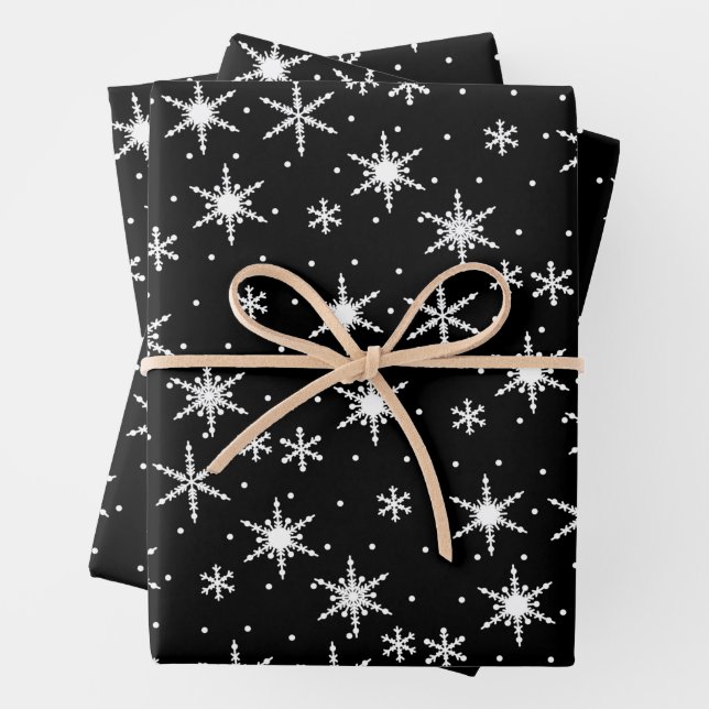 Black and White Snowflake Christmas Pattern Wrapping Paper Sheets (In situ)