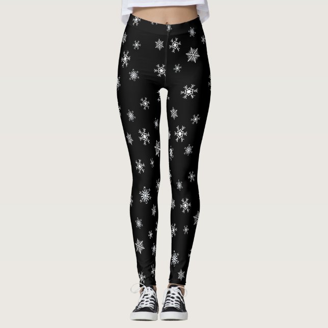 Black and White Snowflake Holiday Winter Christmas Leggings (Front)