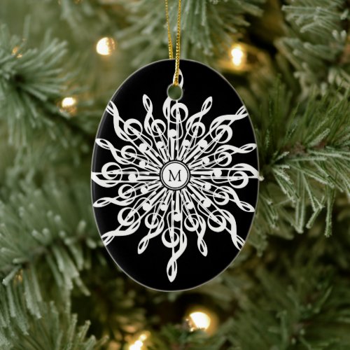 Black and White Snowflake Music Notes Monogram Ceramic Ornament
