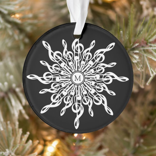 Black and White Snowflake Music Notes Monogram Ornament (Tree)