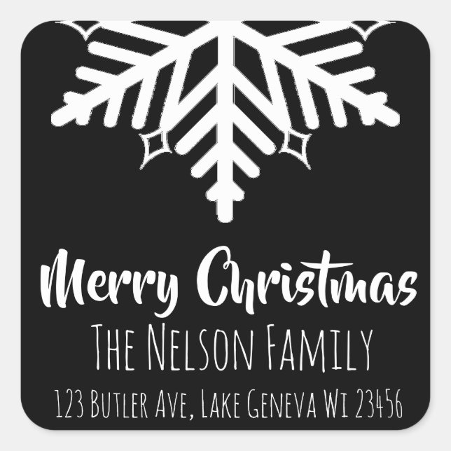 Black and White Snowflake Personalized Christmas Square Sticker (Front)