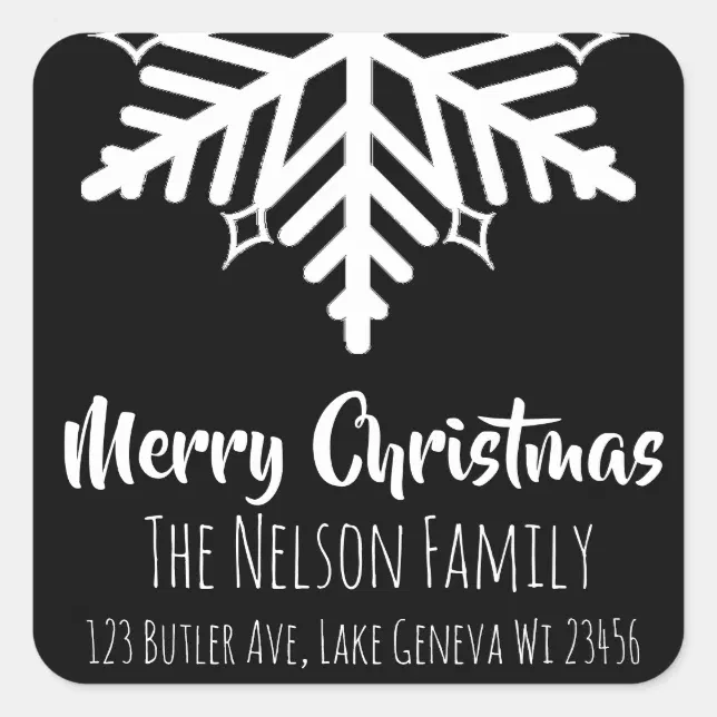 Black and White Snowflake Personalized Christmas Square Sticker | Zazzle