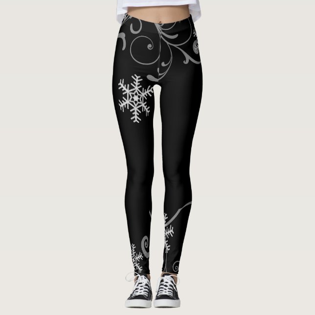 Black and White Snowflake Swirls Leggings (Front)