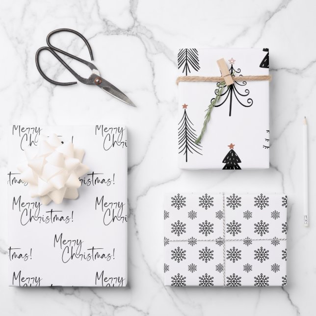Black and White Snowflake Tree Merry Christmas Wrapping Paper Sheets (Front)