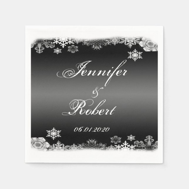 Black and White Snowflake Wedding Paper Napkins (Front)